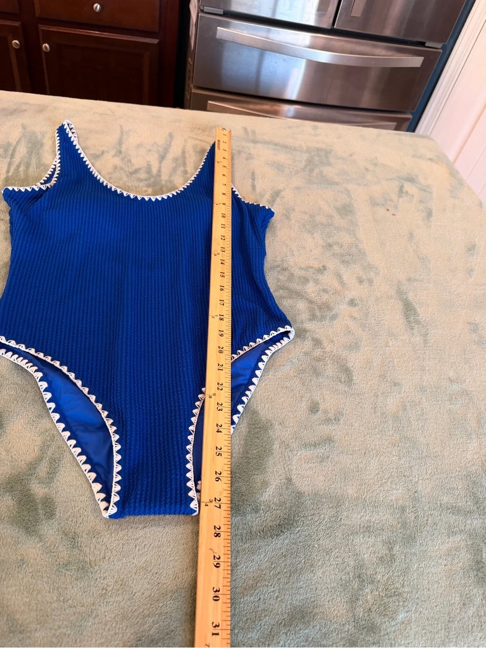 Betsey Johnson Women’s Large Blue One Piece Swimsuit White Trim Textured